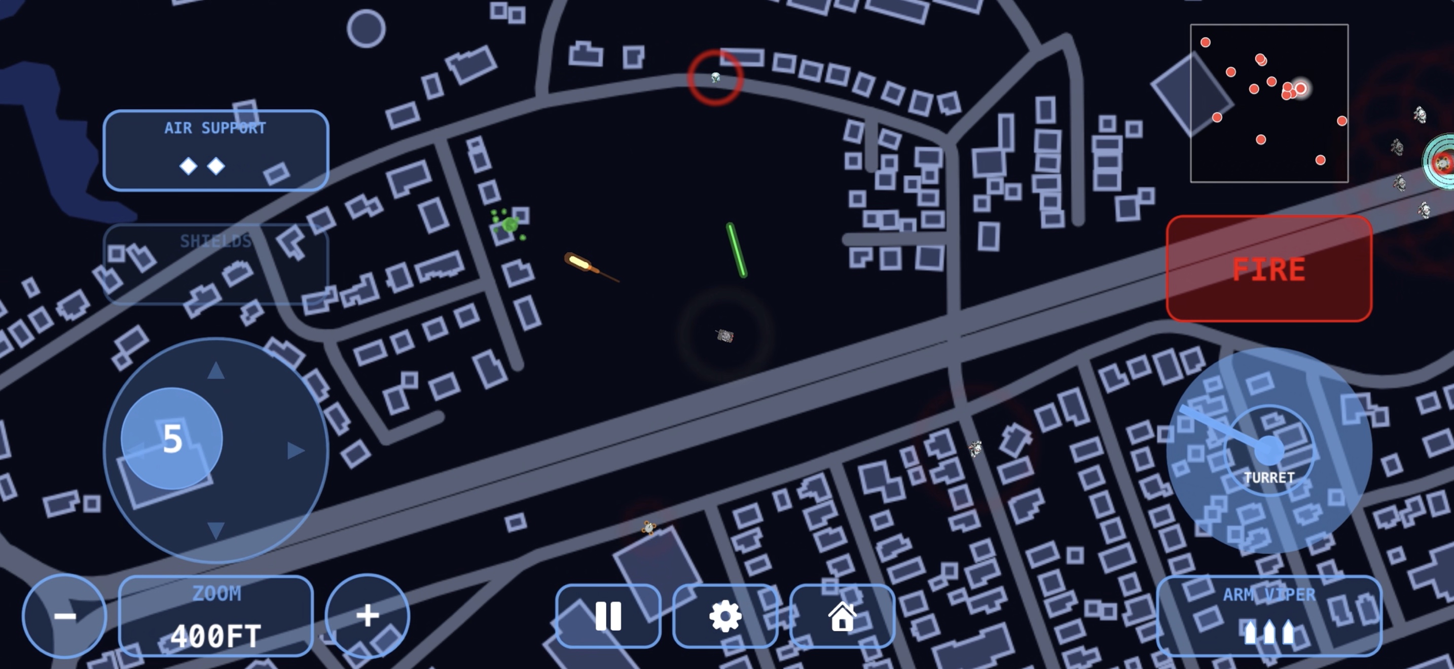 Mid-firefight, tracking an alien unit through city streets with the turret reticle